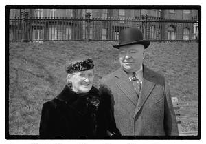 Boston Park Department Commissioner William Long standing with an unidentified woman, Boston Common