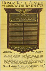 Honor roll plaque to honor your men in the Service. United States Bronze Sign Company, Inc., 570 Broadway, New York City