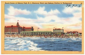 Beach scene at Asbury Park, N. J., Monterey Hotel and Asbury Carlton in background
