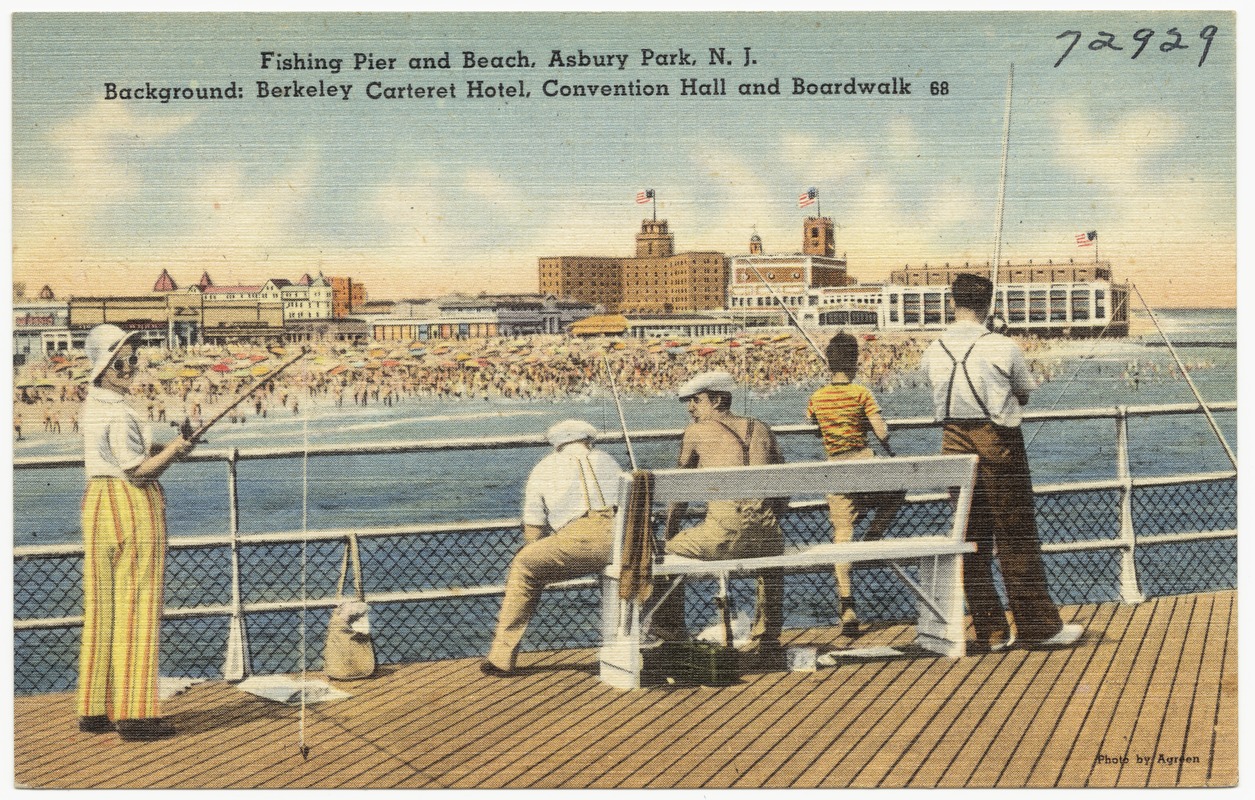 Fishing pier and beach, Asbury Park, N. J. Background: Berkeley Carteret Hotel, convention hall and boardwalk