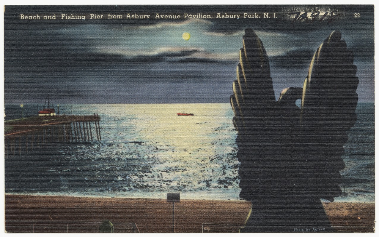 Beach and fishing pier from Asbury Avenue Pavilion, Asbury Park, N. J.