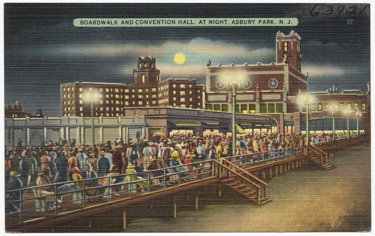 Boardwalk and convention hall, at night, Asbury Park, N. J.
