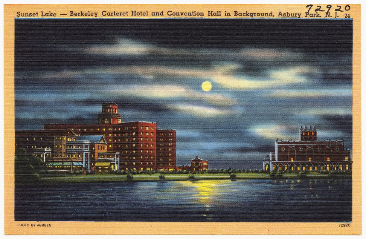Sunset Lake -- Berkeley Carteret Hotel and convention hall in Background, Asbury Park, N. J.