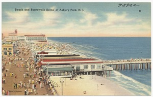 Beach and boardwalk scene at Asbury Park, N. J.