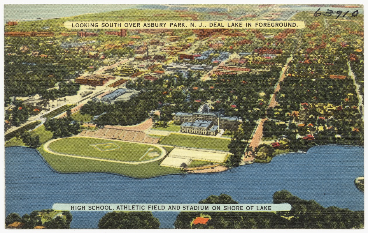 Looking south over Asbury Park, N. J., Deal Lake in foreground. High school, athletic field and stadium on shore of lake