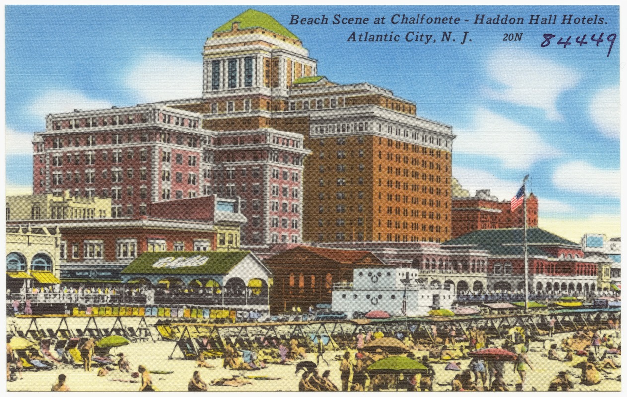 Beach scene at Chalfonete -- Haddon Hall Hotels. Atlantic City, N. J.