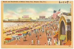Beach and boardwalk at Million Dollar Pier, Atlantic City, N. J.