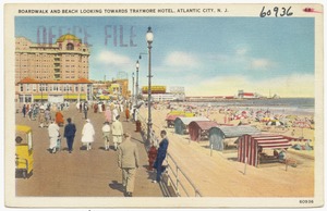 Boardwalk and beach looking toward Traymore Hotel, Atlantic City, N. J.