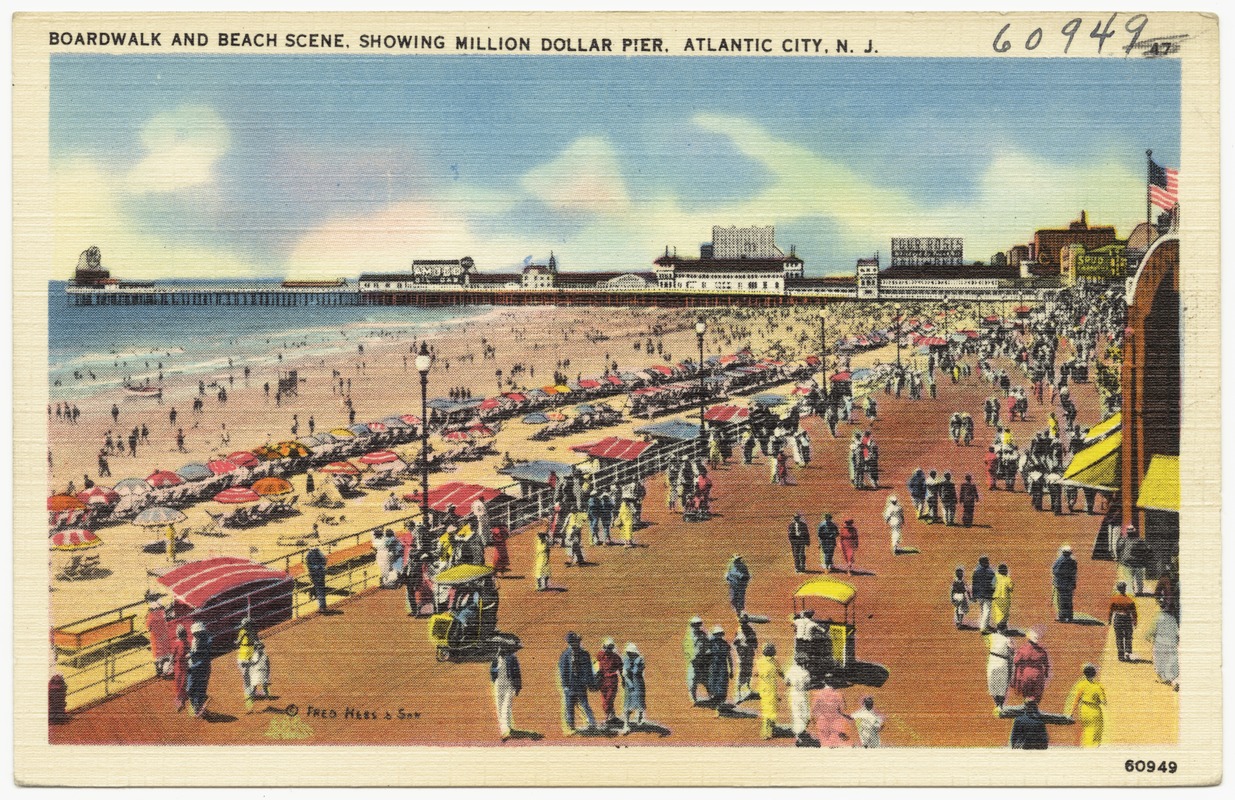 Boardwalk and beach scene, showing Million Dollar Pier, Atlantic City, N. J.