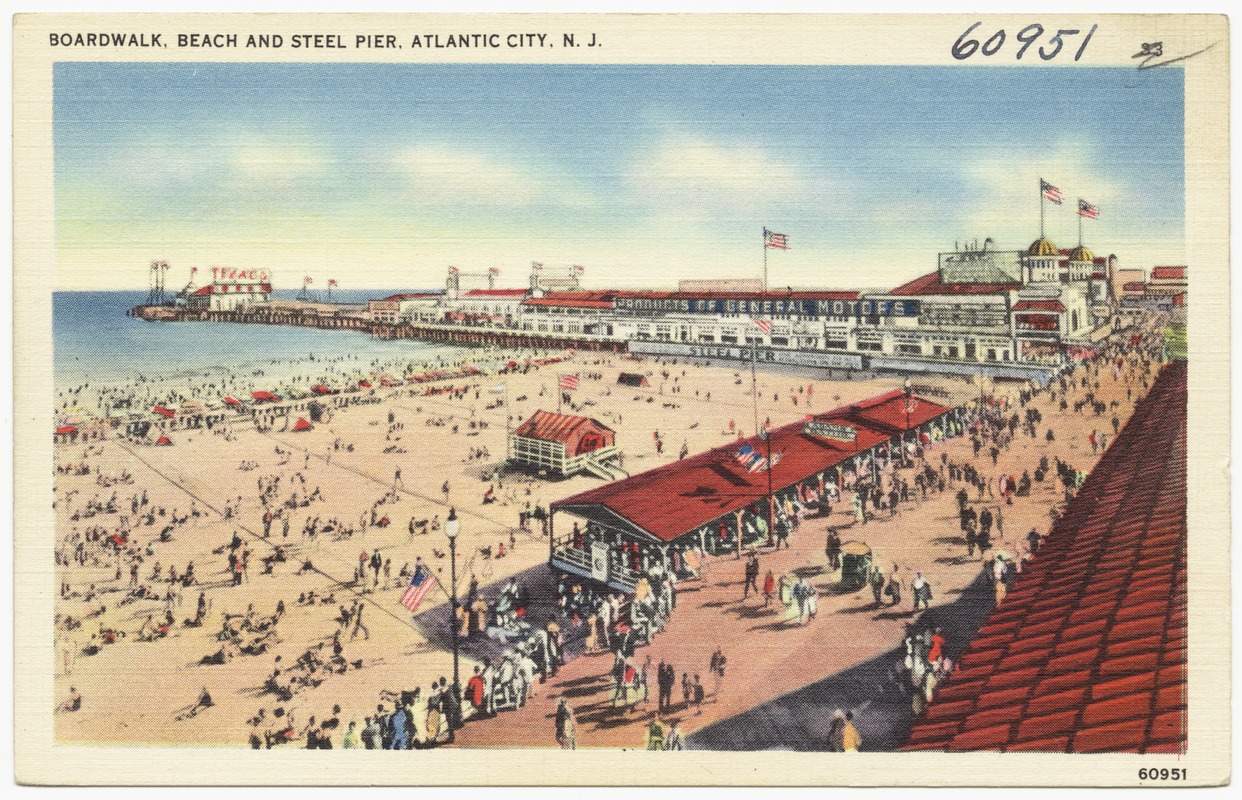 Boardwalk, beach and Steel Pier, Atlantic City, N. J.