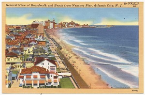 General view of boardwalk and beach from Ventnor Pier, Atlantic City, N. J.