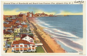 General view of boardwalk and beach from Ventnor Pier, Atlantic City, N. J.
