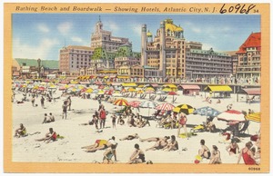 Bathing beach and boardwalk -- showing hotels, Atlantic City, N. J.