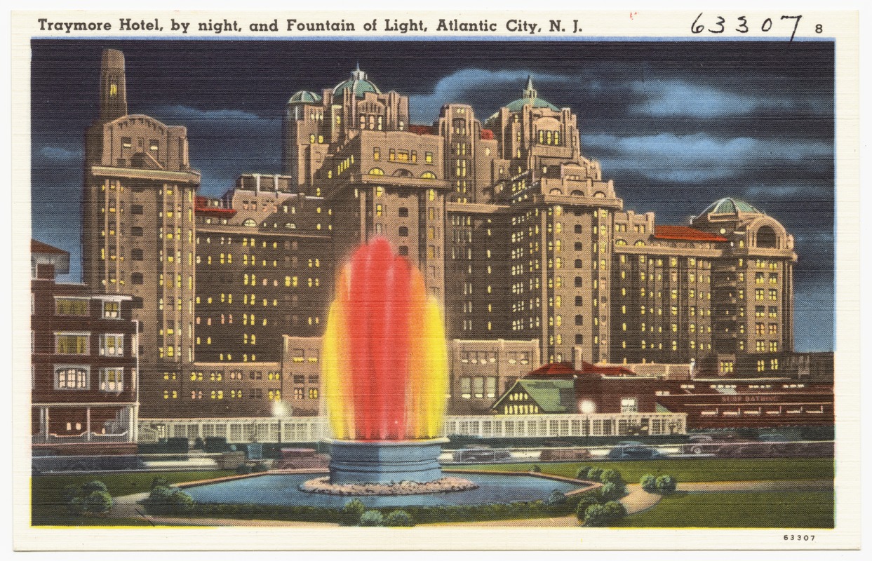 Traymore Hotel, by night, and Fountain of Light, Atlantic City, N. J