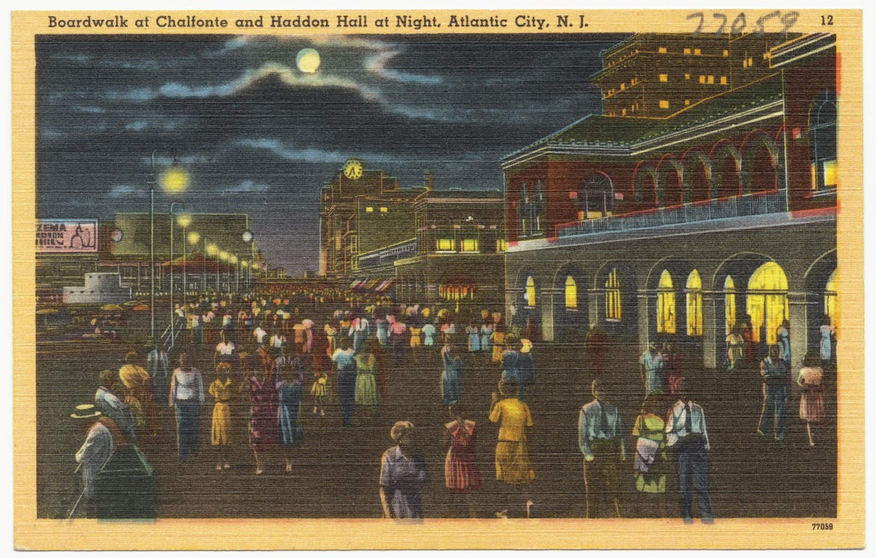Boardwalk at Chalfonte and Haddon Hall at night, Atlantic City, N. J.