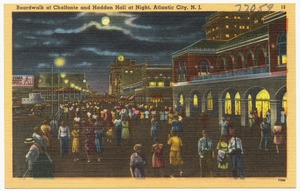 Boardwalk at Chalfonte and Haddon Hall at night, Atlantic City, N. J.