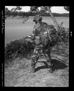 Combat arms div., rear view, woodland with Alice + Kevlar helmet