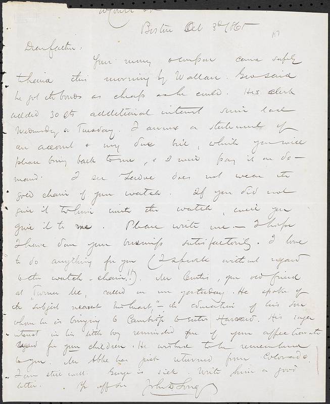 Letter from John D. Long to Zadoc Long, October 3, 1865