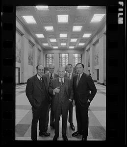 NE Life Insurance Co. executives pose in the building's lobby, Copley Square, Back Bay