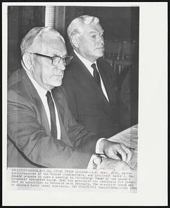 Steel Union Leaders-- I.W. Abel, left, secretary-treasurer of the United Steelworkers, and president David J. McDonald prepare to open a meeting in Pittsburgh today of the union's 33-member executive board. Abel has announced his candidacy for president in opposition to McDonald next February. The executive board met to discuss basic steel contracts.