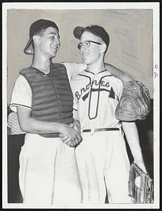 In right photo, winning batter Luchette and pitcher Mike Gradone congratulate each other finish of the game. Luchette had three hits, including two home Gradone struck out 17.