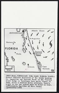 Hurricane Dora Slams Florida Coast--Arrows indicate direction of the winds lashing St. Augustine and Daytona Beach on the Florida coast today as Hurricane Dora moves closer to land. Still a hundred miles offshore, Dora's winds in the two cities were 76 miles an hour.