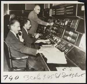 Executives Man Radio Controls- Executives Of National Broadcasting Company engineering department man the network's central control room in New York following a strike of engineers and technicians. Left to right: George McElrath, operating engineer, Ferdinand Wankel, eastern division engineer, Ray Guy, radio facilities engineer.