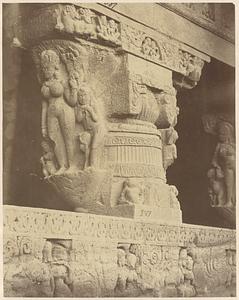 Ramesvara pillar in front woodcut p. 28 [Close view of pillar at entrance to Hindu Cave XXI (Ramesvara), Ellora]