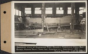 Contract No. 103, Construction of Work Boat for Quabbin Reservoir, Quincy, broadside view of starboard side, Quincy, Mass., Nov. 25, 1940
