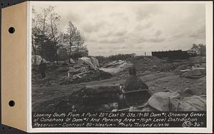 Contract No. 80, High Level Distribution Reservoir, Weston, looking south from a point 20 feet+/- east of Sta. 19+80 dam 1, showing general conditions of dam 1 and parking area, high level distribution reservoir, Weston, Mass., May 29, 1940