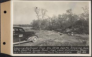 Contract No. 80, High Level Distribution Reservoir, Weston, looking southeast from Sta. 58+20, dam 3, showing dam 3 to dam 4 Access Road, high level distribution reservoir, Weston, Mass., May 29, 1940