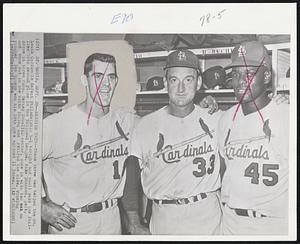 Redbird Trio--These three men helped the St. Louis Cardinals defeat Philadelphia 5-1 tonight and vault past the Phillies into second place in the National League. Mike Shannon, left, drove in three runs. Barney Schultz, center, came in with two on and none out in the ninth inning and retired the side. Winning pitcher Bob Gibson won his 18th game against 11 loses.