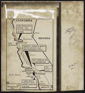 Map showing information about Califonia earthquakes, specifically San Francisco, Los Angeles, Tehachapi, Long Beach