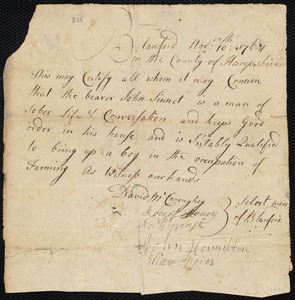 Peter Smith indentured to apprentice with John Sinnet of Blandford, 20 January 1768