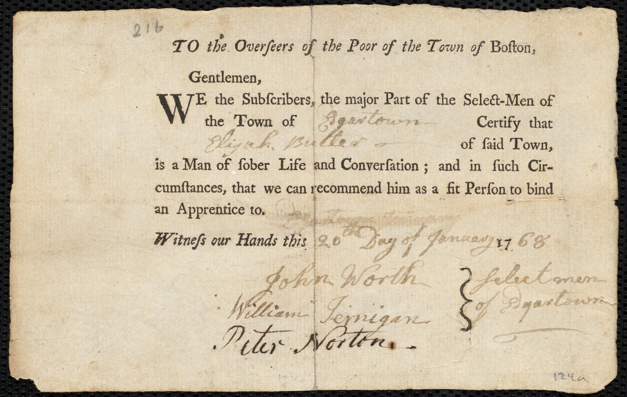 Edward McGown indentured to apprentice with Elijah Butler of Edgartown, 1 January 1768