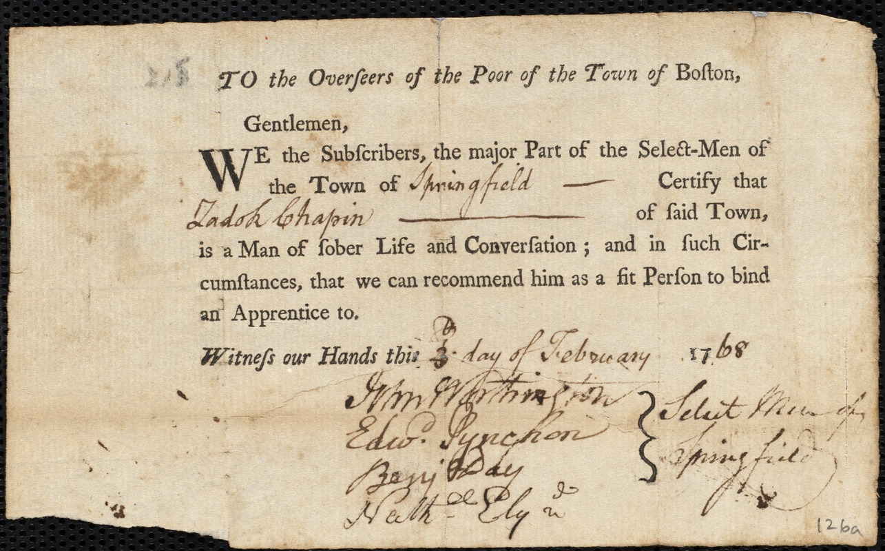 Thomas Osborn indentured to apprentice with Zadock Chapin of Springfield, 3 February 1768