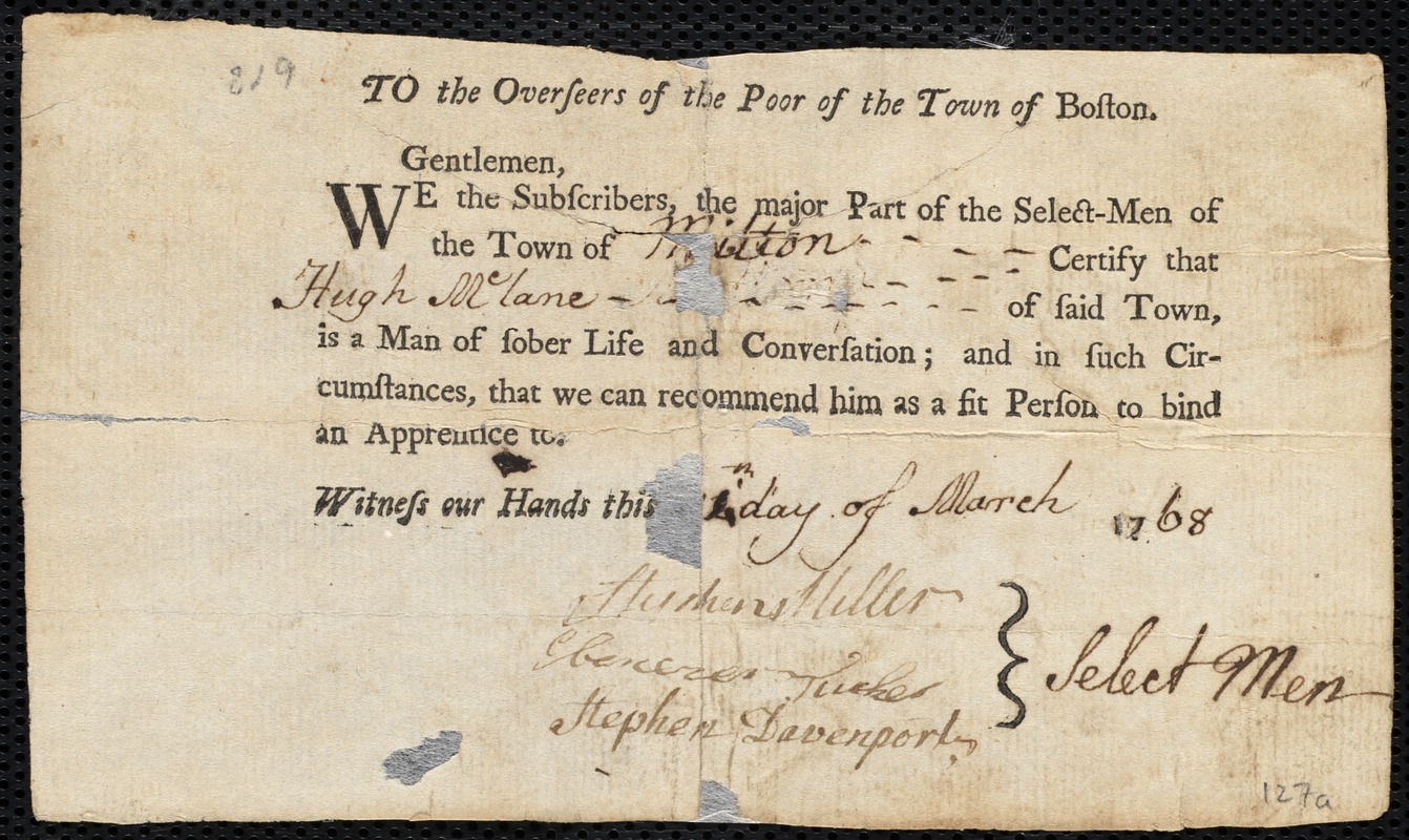 Margarett Cherry indentured to apprentice with Hugh McLean of Milton, 19 March 1768