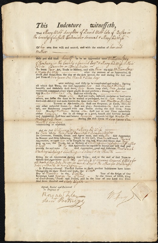 Mary Webb indentured to apprentice with William Spry of Roxbury, 1 March 1768