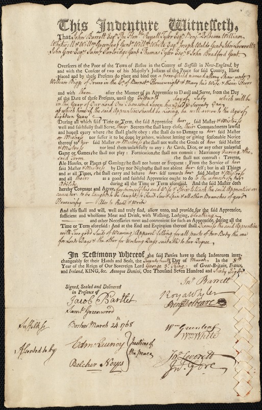 Mary Shaw indentured to apprentice with William Biggs of Truro, 24 March 1768