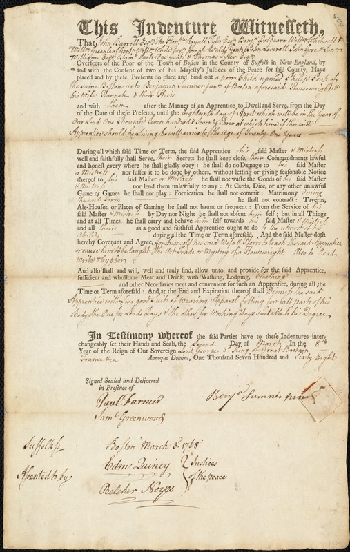 Phillip [Philip] Peak indentured to apprentice with Benjamin Sumner, Jr. of Boston, 2 March 1768