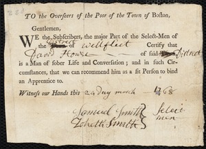 Nathanael Corbett indentured to apprentice with David Howse of Wellfleet, 19 March 1768