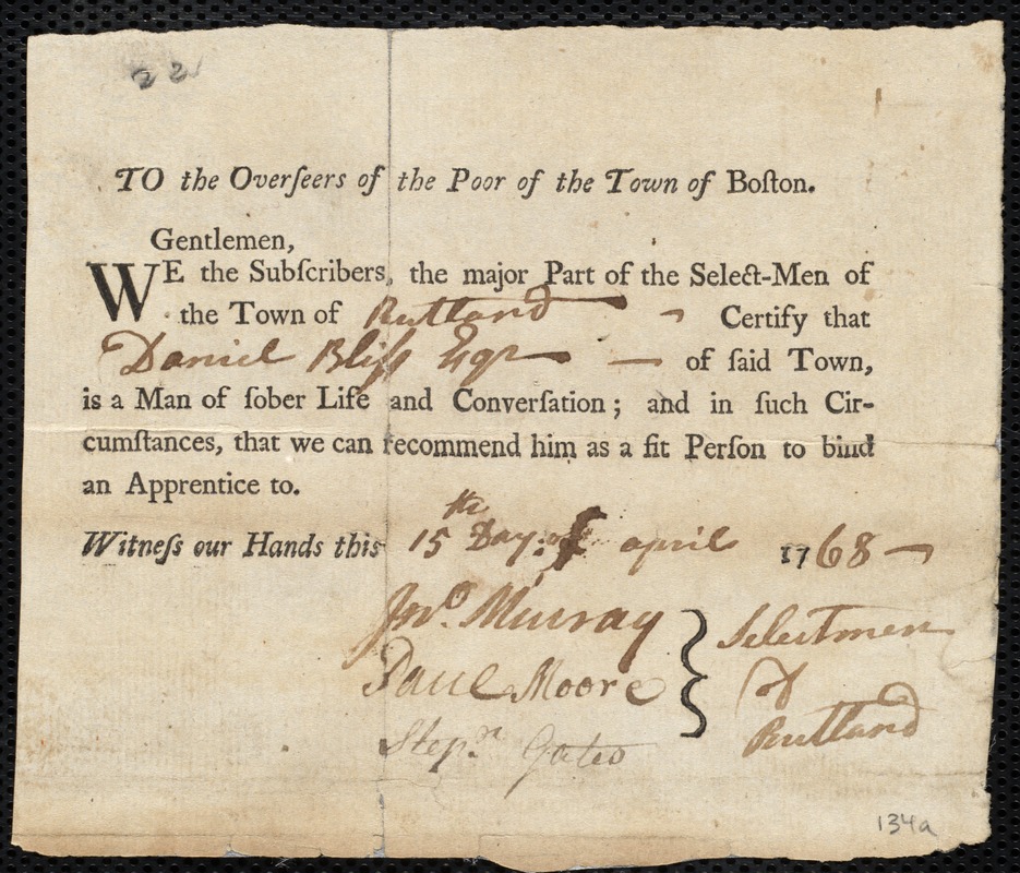 Richard Caten indentured to apprentice with Daniel Bliss of Rutland, 16 March 1768