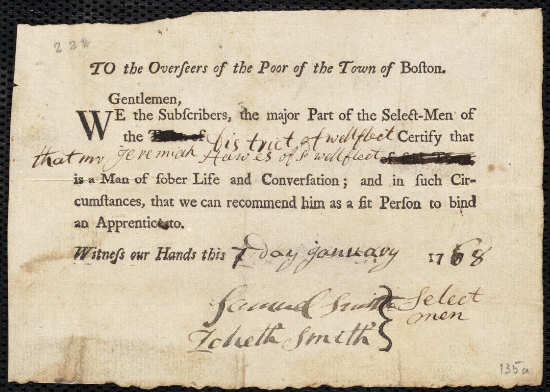 William Smith indentured to apprentice with Jeremiah Hawes of Wellfleet, 11 March 1768