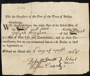 Joseph Gary [Gray] indentured to apprentice with Joseph Higgins of Wellfleet, 17 March 1768