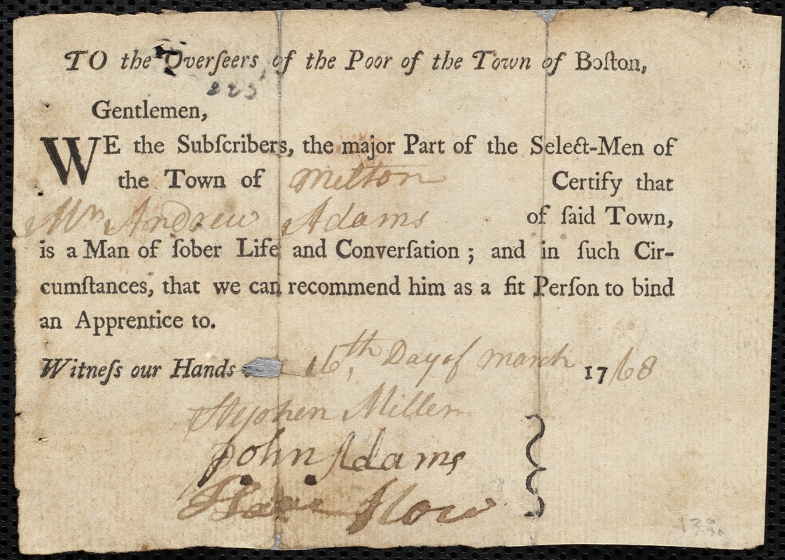 James Raven indentured to apprentice with Andrew Adams of Milton, 17 March 1768