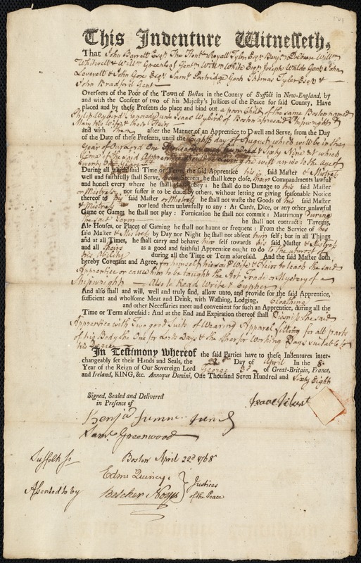 Philip Wybird Kennedy indentured to apprentice with Isaac [Viburt] Wybird of Boston, 29 April 1768