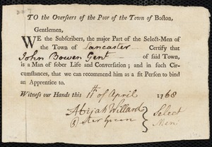 Elizabeth Mumford indentured to apprentice with John Bowen of Lancaster, 15 April 1768