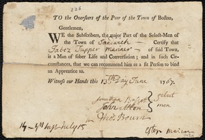 Tamar Bellman indentured to apprentice with Jabez Tupper of Sandwich, 16 April 1768