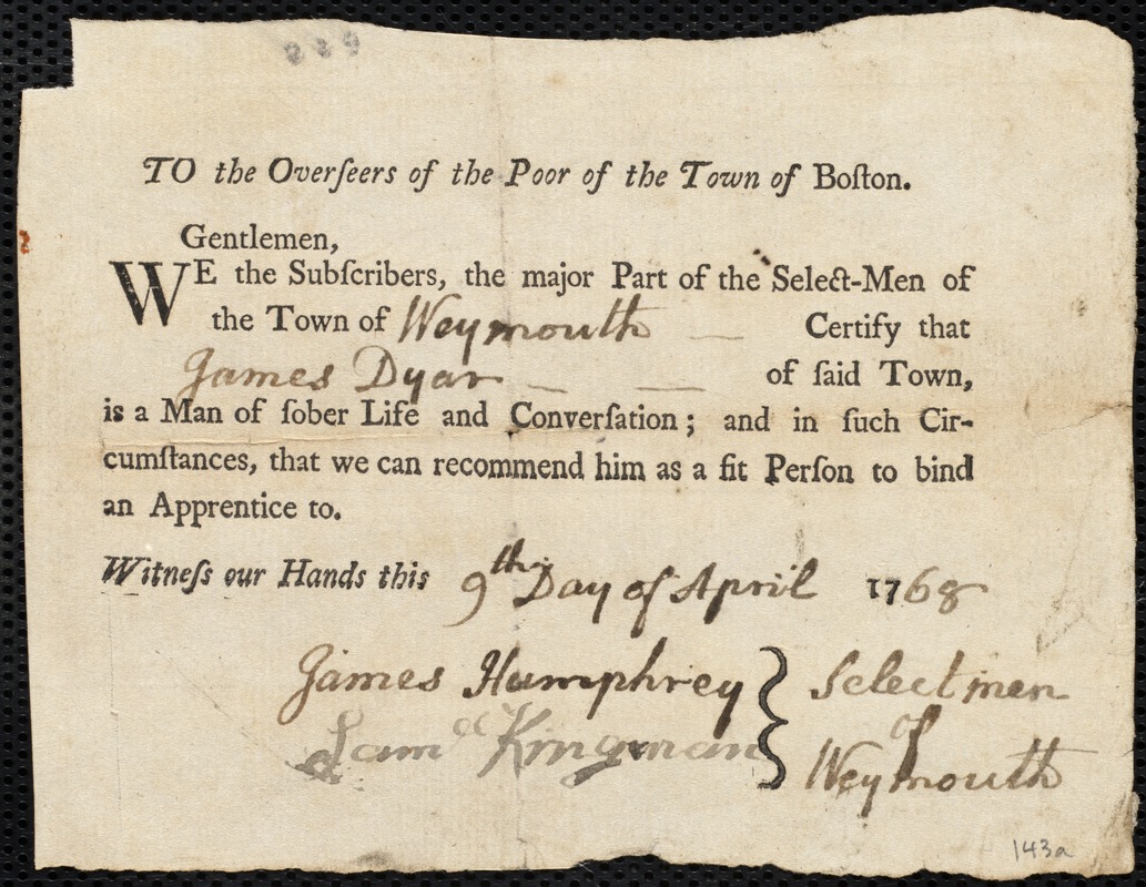 Elizabeth Corbin indentured to apprentice with James Dyer [Dyar] of Weymouth, 12 April 1768