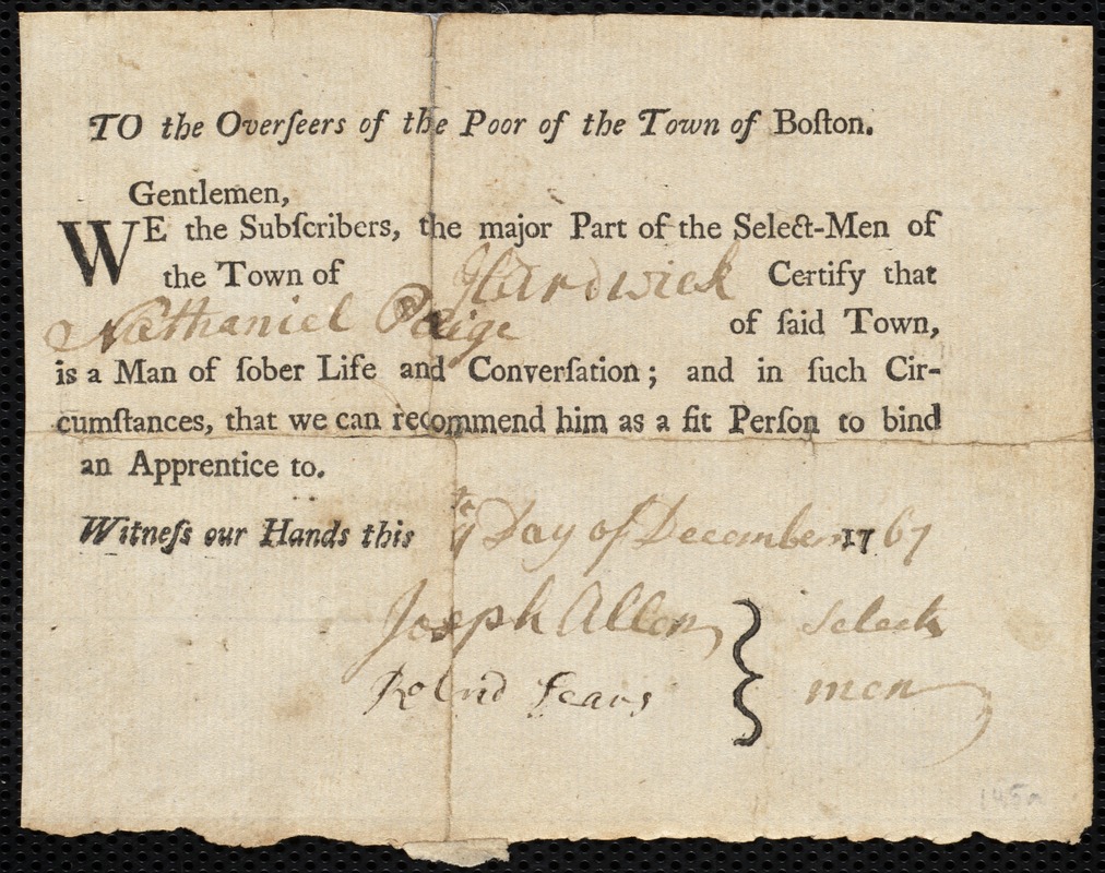 Katharine Fitzgerald indentured to apprentice with Nathaniel [Nathanael] Page of Hardwick, 26 May 1768